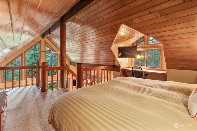 carpeted bedroom with lofted ceiling and wooden ceiling