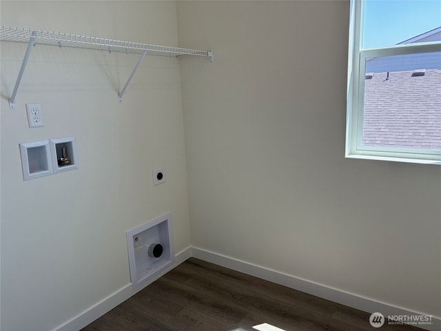 12707 172nd Avenue Ct E Unit 135, Bonney Lake, WA 98391 - washroom featuring electric dryer hookup, washer hookup, dark wood-style floors, and baseboards