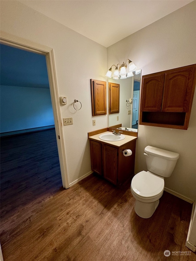 bathroom with wood-type flooring, vanity, and toilet