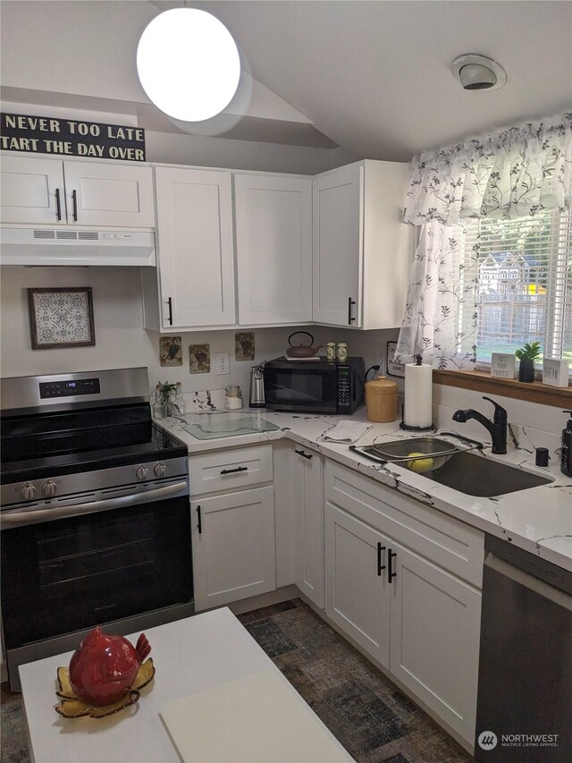 kitchen featuring black microwave, electric stove, under cabinet range hood, dishwasher, and a sink