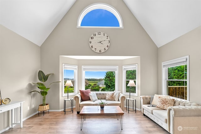 living room featuring light wood-type flooring and high vaulted ceiling