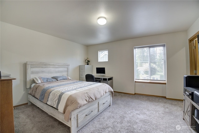 bedroom with light carpet