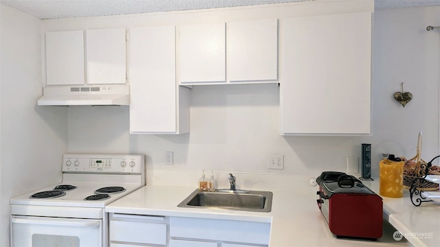 kitchen with a textured ceiling, sink, ventilation hood, white cabinetry, and white range with electric cooktop