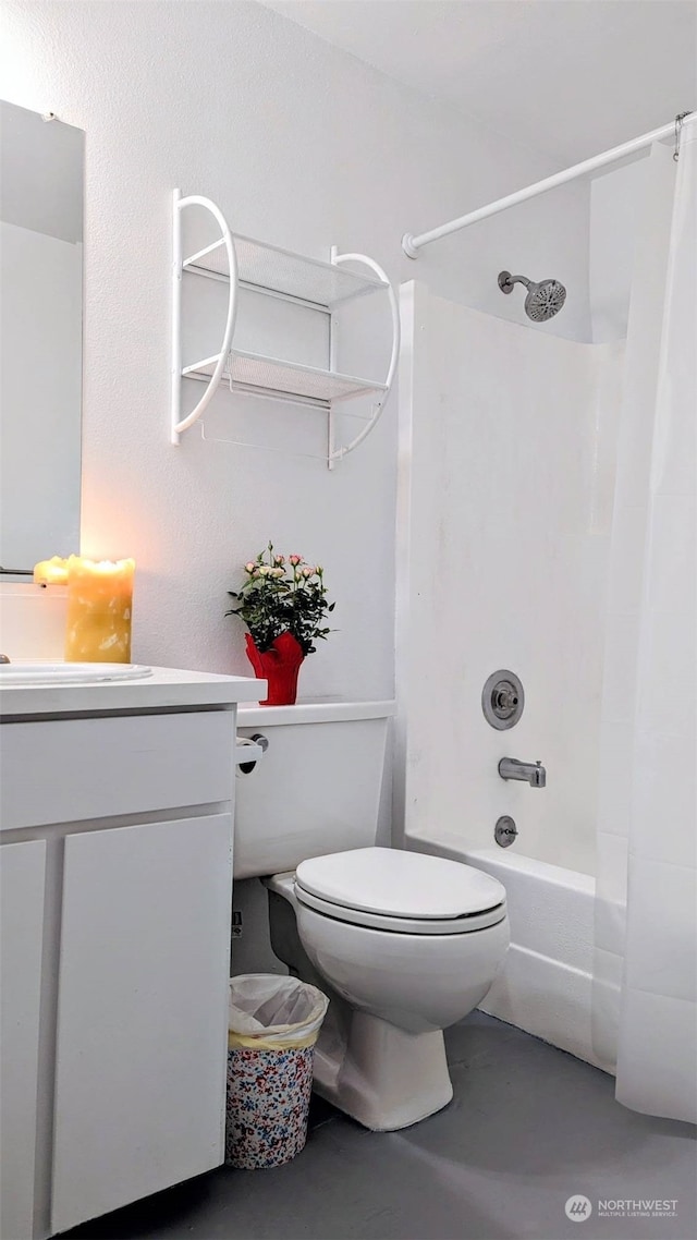 full bathroom with shower / tub combo, vanity, toilet, and concrete flooring