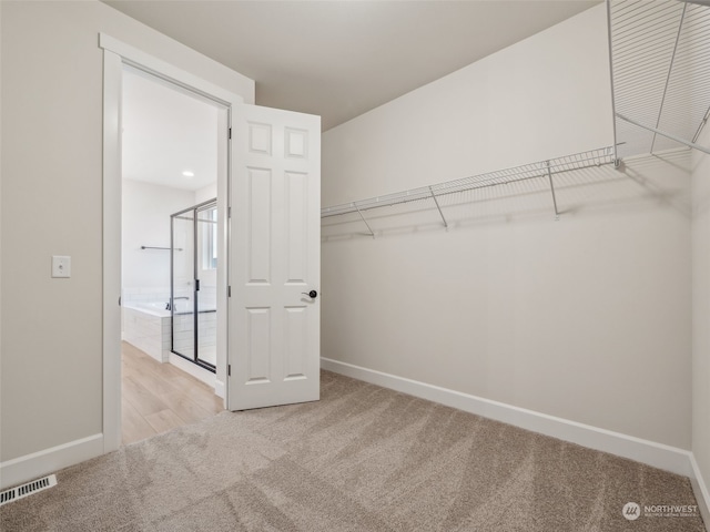 walk in closet featuring light colored carpet