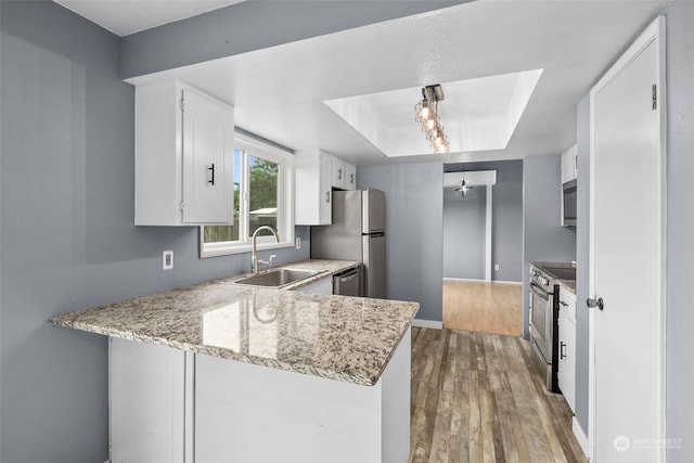 kitchen featuring white cabinetry, kitchen peninsula, stainless steel appliances, a tray ceiling, and sink