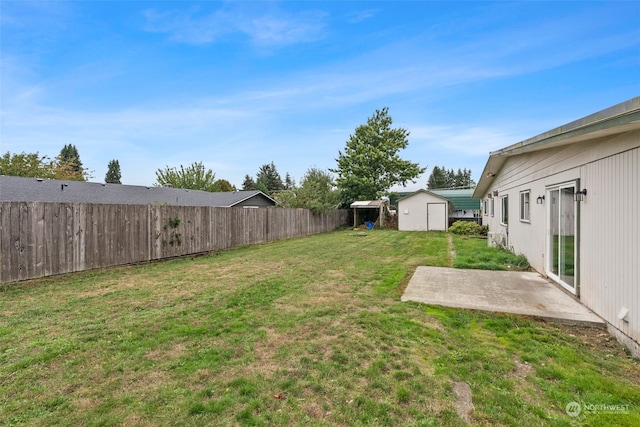 view of yard with a patio and a storage unit