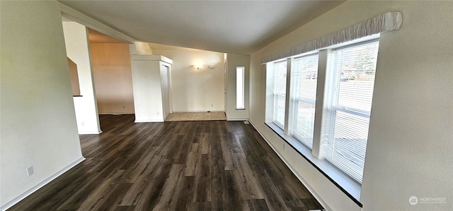 unfurnished room featuring lofted ceiling and dark wood-type flooring