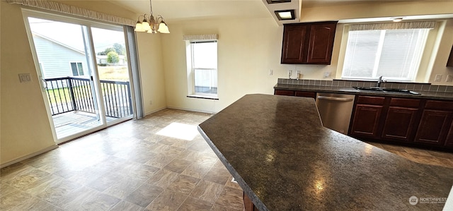 kitchen featuring lofted ceiling, hanging light fixtures, sink, dishwasher, and a notable chandelier