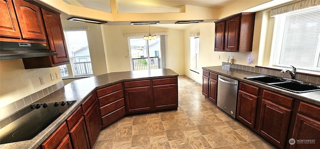 kitchen with dishwasher, decorative light fixtures, black electric stovetop, sink, and a chandelier