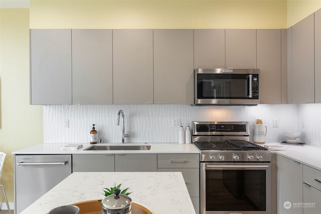 1325 NW 85th St, Seattle, WA 98117 - kitchen featuring backsplash, stainless steel appliances, gray cabinets, and sink