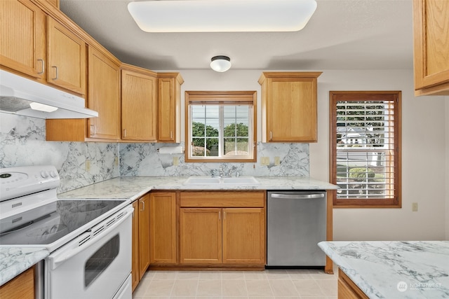 kitchen with white electric range oven, sink, a healthy amount of sunlight, and stainless steel dishwasher