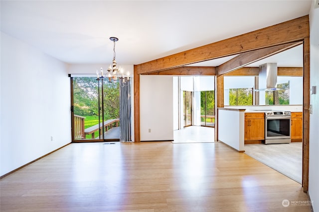 interior space with island range hood, stainless steel electric stove, light hardwood / wood-style floors, and a wealth of natural light