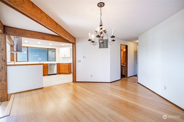 unfurnished dining area featuring light hardwood / wood-style flooring, beam ceiling, a chandelier, and sink