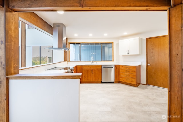 kitchen featuring ventilation hood, sink, white cabinets, kitchen peninsula, and stainless steel dishwasher