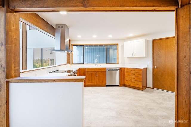 2879 N Nugent Rd Unit H8, Lummi Island, WA 98262 - kitchen with stainless steel dishwasher, island range hood, a sink, white cabinetry, and electric stove