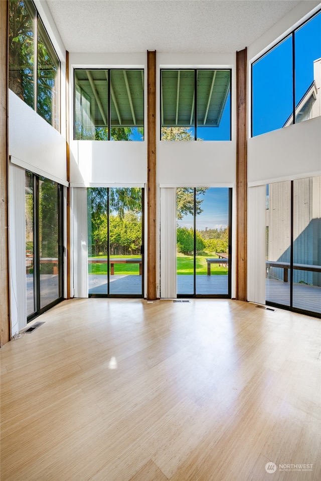 unfurnished living room with a towering ceiling and a healthy amount of sunlight