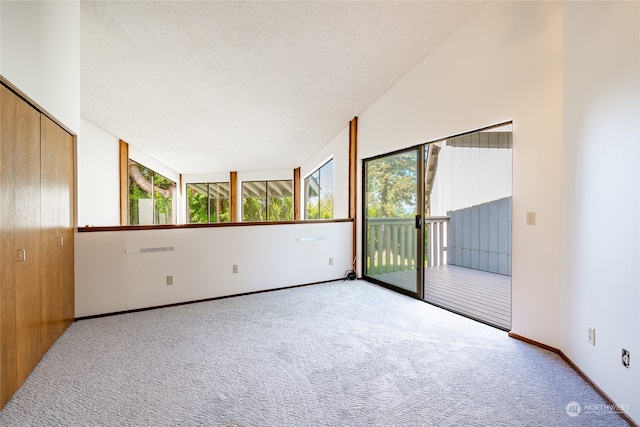 spare room with high vaulted ceiling, carpet, and plenty of natural light