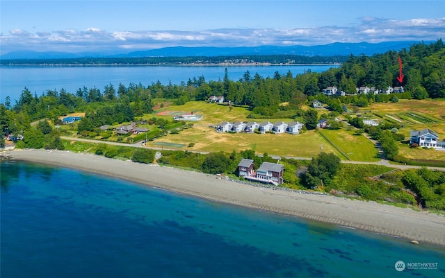 birds eye view of property featuring a water and mountain view