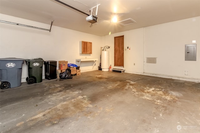 garage with electric panel, a garage door opener, and water heater