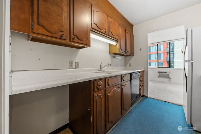 kitchen with light carpet, stainless steel refrigerator, sink, and black dishwasher