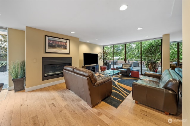 living room with a wall of windows and light hardwood / wood-style floors