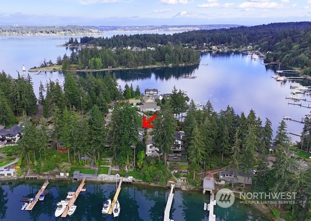 birds eye view of property with a water view