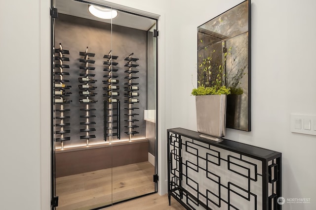 wine cellar with light hardwood / wood-style floors