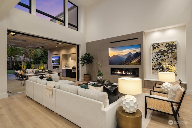 living room featuring a towering ceiling and light hardwood / wood-style floors