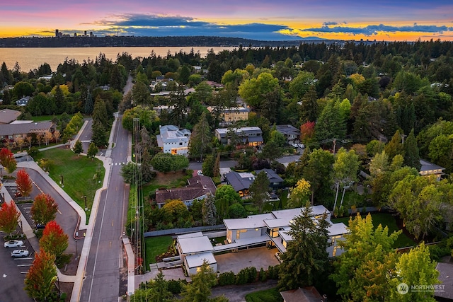 aerial view at dusk featuring a water view