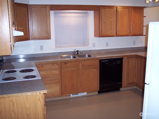 kitchen featuring black dishwasher, ventilation hood, white fridge, and sink