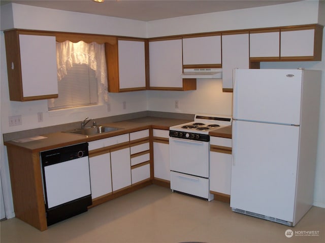 kitchen featuring exhaust hood, sink, white appliances, and white cabinetry