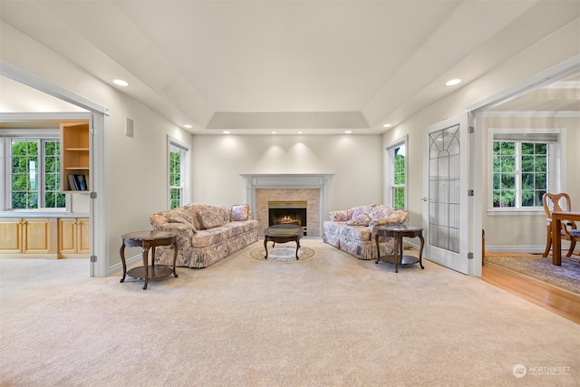 living room featuring hardwood / wood-style flooring, a raised ceiling, and a high end fireplace