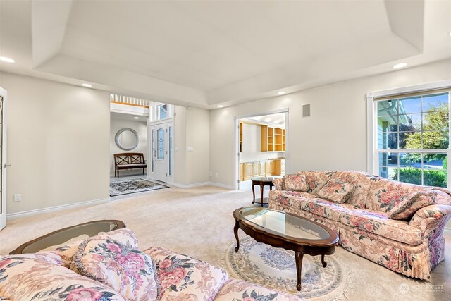 living room with a raised ceiling and light colored carpet