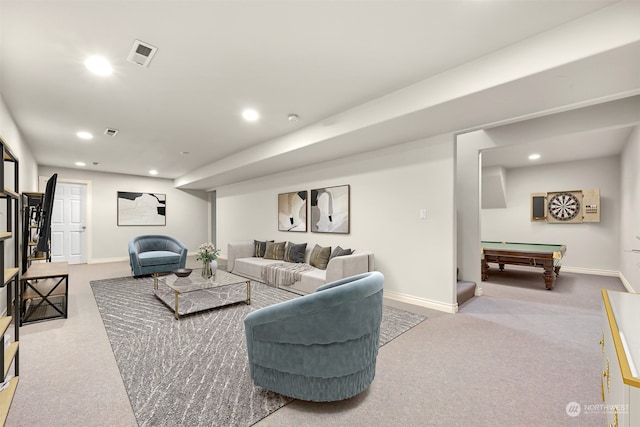 carpeted living room featuring billiards