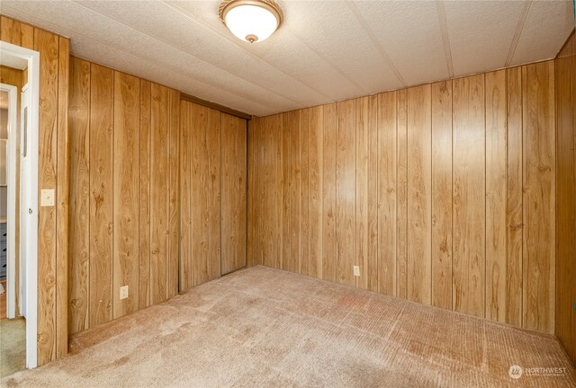 carpeted empty room with wooden walls