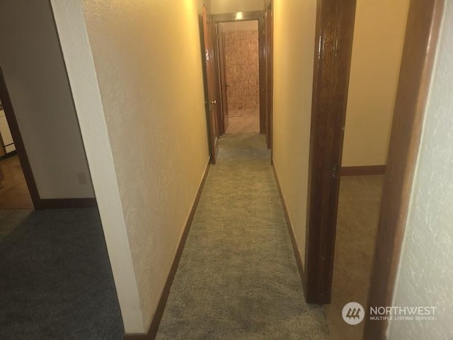 corridor with a textured wall, carpet, and baseboards