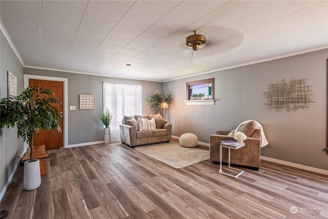 living room with wood-type flooring and ornamental molding