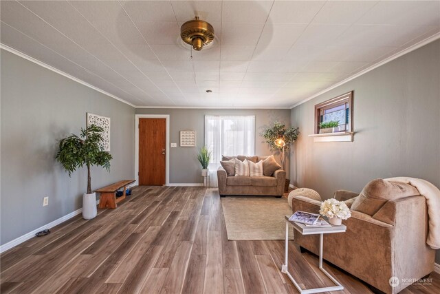 living room featuring ornamental molding, wood-type flooring, and a healthy amount of sunlight