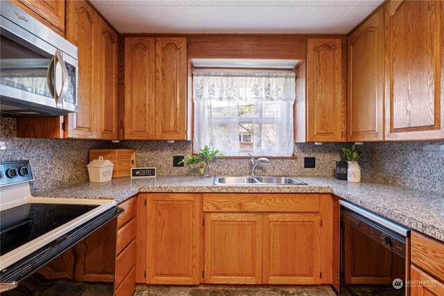 kitchen with black dishwasher, white electric range oven, tasteful backsplash, and sink