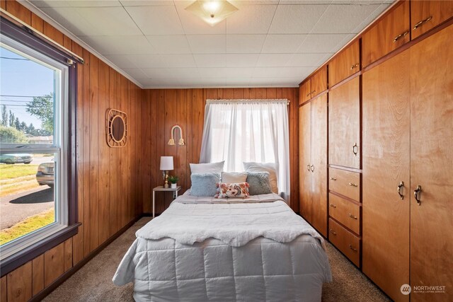 carpeted bedroom with wooden walls and multiple windows