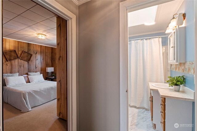 interior space featuring wooden walls, crown molding, and sink