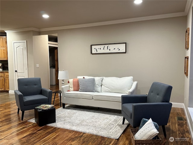 living room with crown molding and dark hardwood / wood-style flooring