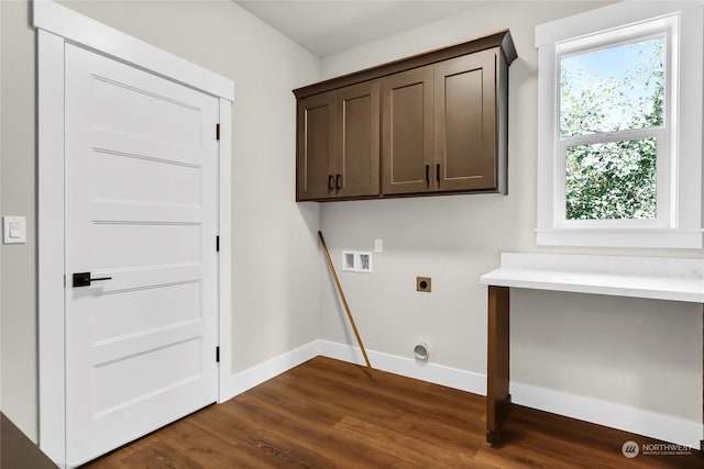 7510 172nd Street Ct E, Puyallup, WA 98375 - clothes washing area featuring electric dryer hookup, cabinet space, hookup for a washing machine, baseboards, and dark wood finished floors