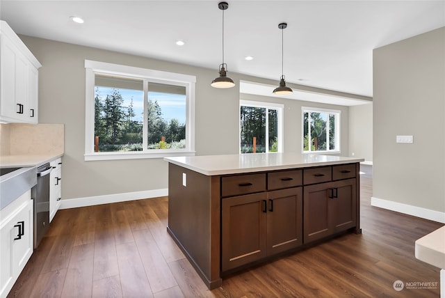 kitchen featuring white cabinets, hanging light fixtures, dark wood-type flooring, and stainless steel dishwasher