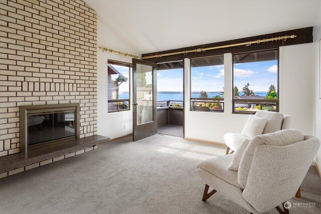 living area with carpet, a fireplace, plenty of natural light, and a water view