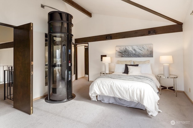 carpeted bedroom with vaulted ceiling with beams