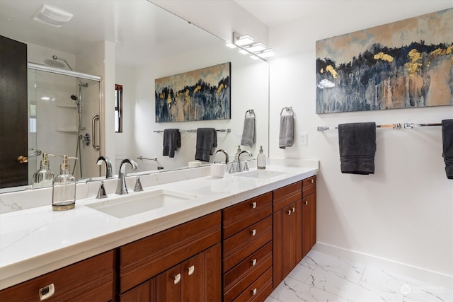 bathroom featuring walk in shower and vanity