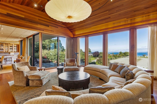 living room with wood ceiling, a water view, high vaulted ceiling, and hardwood / wood-style flooring