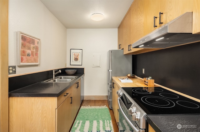 kitchen featuring light hardwood / wood-style floors, sink, stainless steel electric range oven, and light brown cabinets